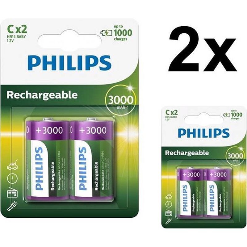 Foto van 4 stuks (2 blisters a 2st) - philips multilife 1.2v c/hr14 3000mah nimh oplaadbare batterij