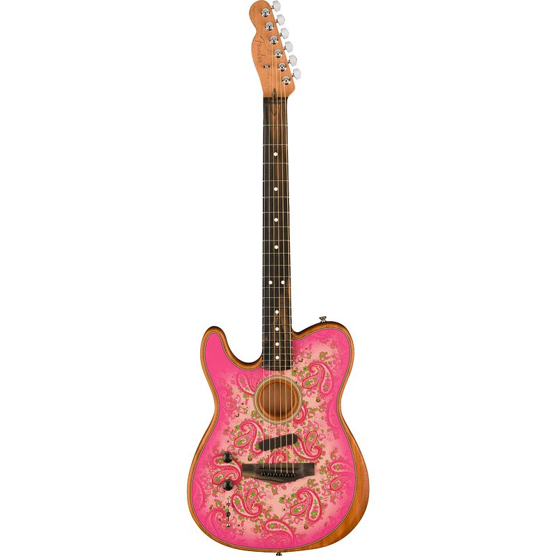 Foto van Fender fsr american acoustasonic telecaster lh pink paisley eb linkshandige elektrisch-akoestische gitaar met deluxe gigbag