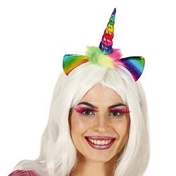 Foto van Fiestas verkleed haarband unicorn/eenhoorn - regenboog gekleurd - meisjes/dames - met bloemen - verkleedhoofddeksels