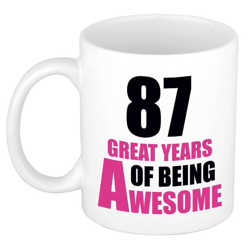 Foto van 87 great years of being awesome cadeau mok / beker wit en roze - feest mokken