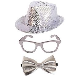 Foto van Carnaval verkleed set hoed-strikje-bril zilver glitters - verkleedhoofddeksels