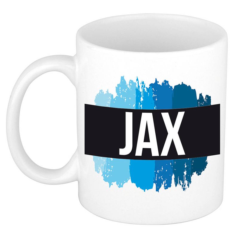 Foto van Naam cadeau mok / beker jax met blauwe verfstrepen 300 ml - naam mokken