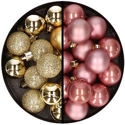 Foto van 36x stuks kunststof kerstballen goud en oudroze 3 en 4 cm - kerstbal