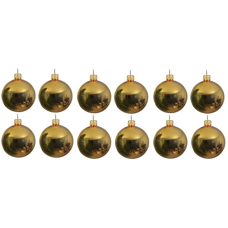 Foto van 12x glazen kerstballen glans goud 10 cm kerstboom versiering/decoratie - kerstbal