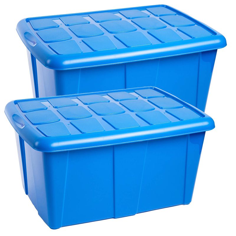 Foto van Plasticforte opslagbox met deksel - 2x - blauw - 60l - kunststof - 63 x 46 x 32 cm - opbergbox