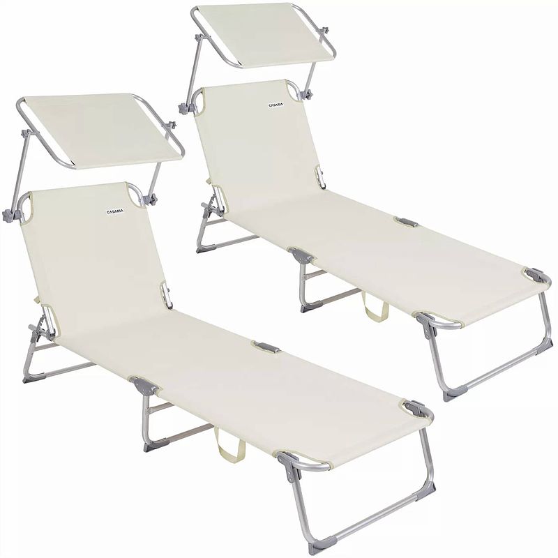 Foto van Casaria - 2 ligbedden met zonnedak - strandstoelen - inklapbaar - ibiza - creme