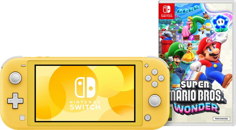 Foto van Nintendo switch lite geel + super mario bros. wonder