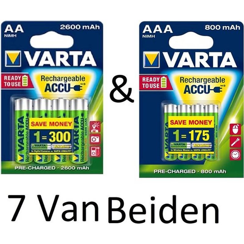 Foto van (7 van beiden) varta aa & aaa oplaadbare batterijen combi aanbieding 2600 mah & 800 mah