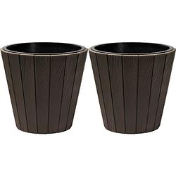 Foto van Prosperplast plantenpot/bloempot wood style - 2x - buiten/binnen - kunststof - donkerbruin - d30 x h28 cm - plantenpotte