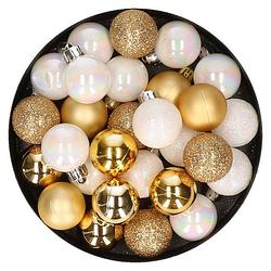 Foto van 28x stuks kunststof kerstballen parelmoer wit en goud mix 3 cm - kerstbal