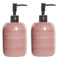 Foto van 2x stuks zeeppompjes/zeepdispensers roze polystone 300 ml - zeeppompjes