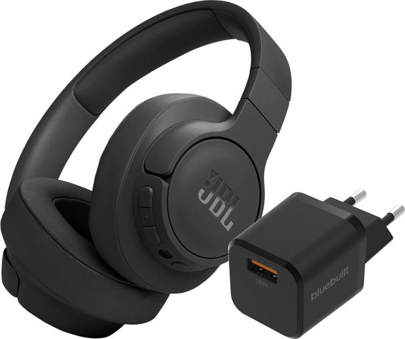 Foto van Jbl tune 770nc zwart + bluebuilt quick charge oplader met usb a poort 18w zwart