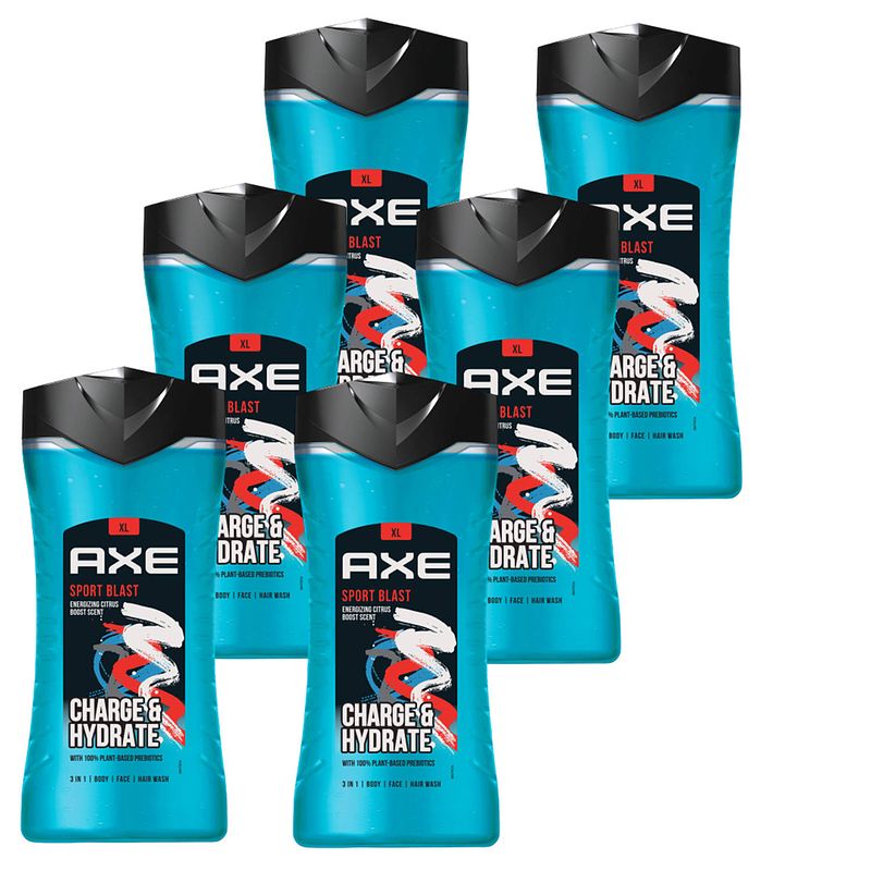 Foto van Axe 3-in-1 douchegel, facewash & shampoo - sport blast - 6 x 400 ml - voordeelverpakking