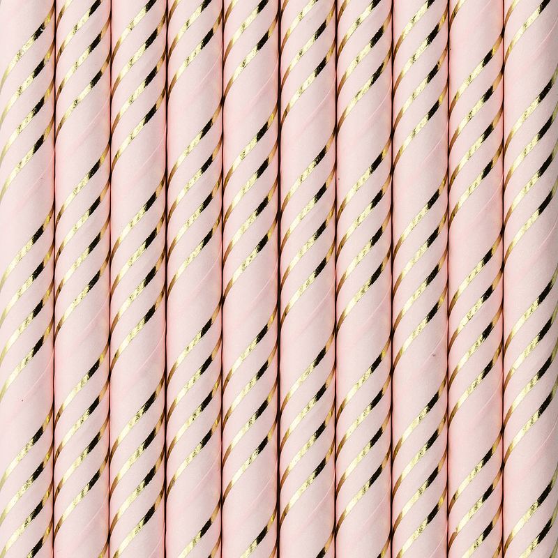 Foto van Drinkrietjes - papier - 20x - roze/goud strepen - 19,5 cm - rietjes - drinkrietjes