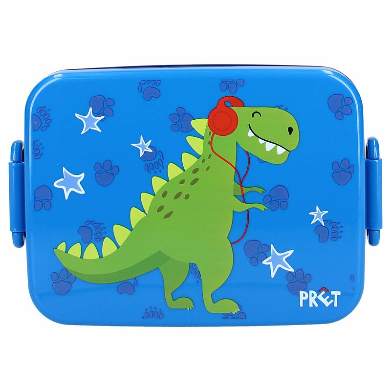 Foto van Pret dino broodtrommel/lunchbox voor kinderen - blauw - kunststof - 16 x 13 cm - lunchboxen