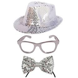 Foto van Carnaval verkleed set hoed-strikje-bril zilver glitters - verkleedhoofddeksels