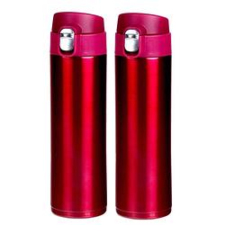 Foto van 2x stuks rvs thermosflessen / isoleerflessen voor onderweg 450 ml fuchsia roze - thermosflessen