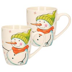 Foto van 2x stuks kerstmok/wintermok sneeuwpop met groene muts en oranje sjaal van poreselein 10 cm - bekers