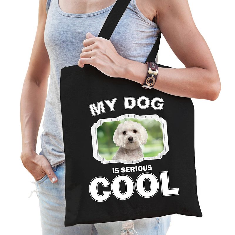 Foto van Katoenen tasje my dog is serious cool zwart - maltezer honden cadeau tas - feest boodschappentassen