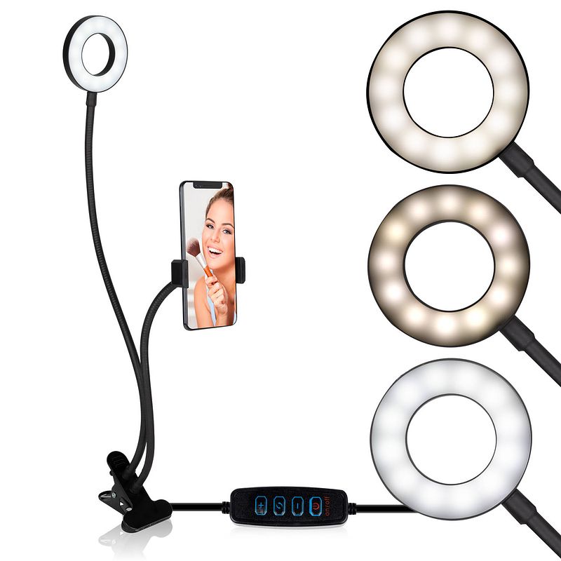 Foto van Grundig selfie studio ringlamp - ringlight - ringlicht - selfie lamp - social media en vlogs - met tafelklem