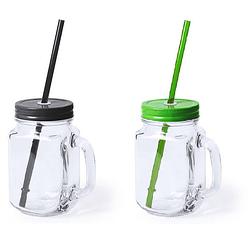 Foto van Set van 4x glazen drinkbekers dop/rietje 500 ml zwart/groen - drinkbekers