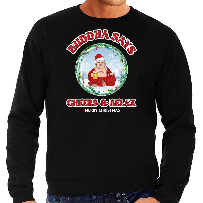 Foto van Bellatio decorations foute kersttrui/sweater heren - buddha says cheers & relax - zwart - bier m - kerst truien