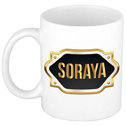 Foto van Naam cadeau mok / beker soraya met gouden embleem 300 ml - naam mokken