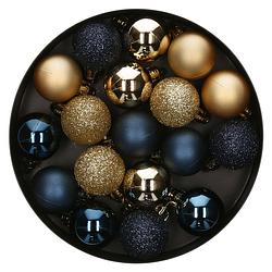 Foto van 18x stuks kerstballen blauw/goud glans en mat kunststof 3 cm - kerstbal