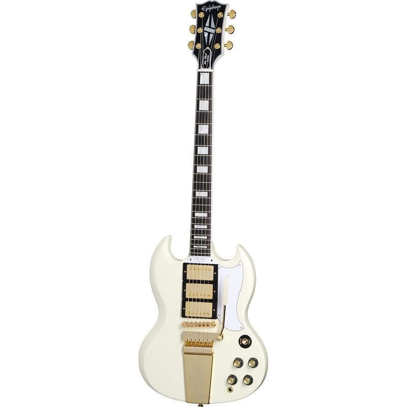 Foto van Epiphone 1963 les paul sg custom maestro vibrola classic white elektrische gitaar met hard case