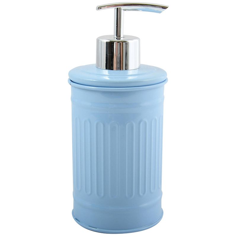 Foto van Msv zeeppompje/dispenser - industrial - metaal - pastel blauw - 7.5 x 17 cm - 250 ml - zeeppompjes