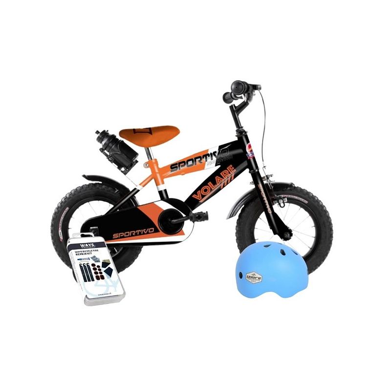 Foto van Volare kinderfiets sportivo - 12 inch - oranje/zwart - inclusief fietshelm & accessoires