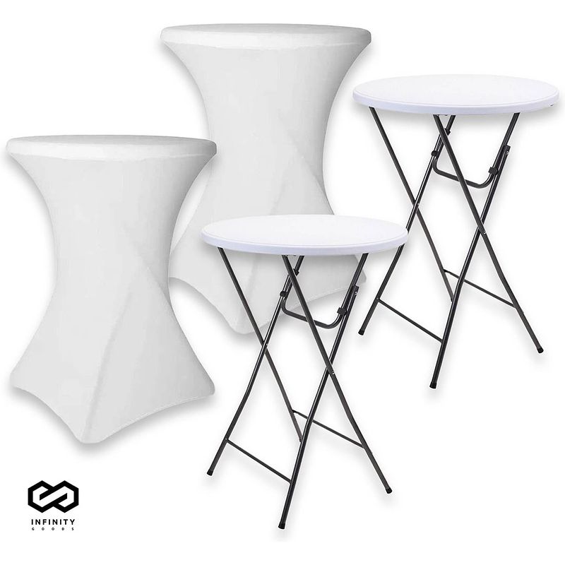 Foto van Infinity goods 2x stevige statafel + 2x witte statafelrok - partytafel - robuust en weersbestendig - 80cm x 110cm -