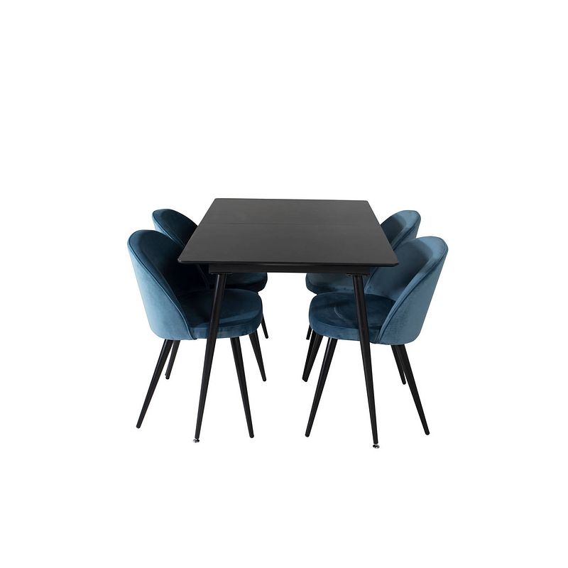 Foto van Silarblext eethoek eetkamertafel uitschuifbare tafel lengte cm 120 / 160 zwart en 4 velvet eetkamerstal velours blauw,