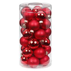 Foto van 30x stuks kleine glazen kerstballen rood mix 4 cm - kerstbal