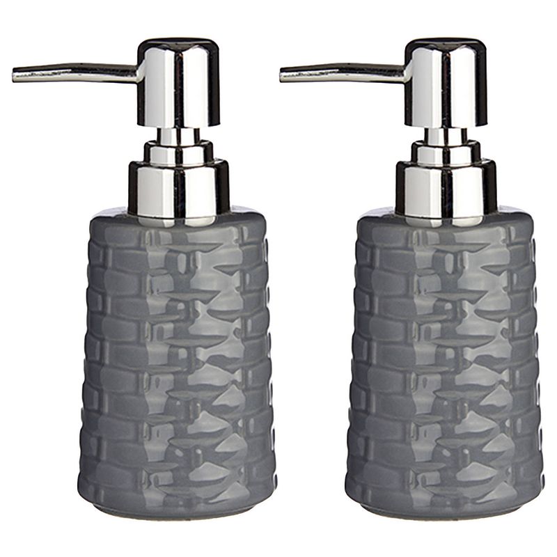 Foto van 2x stuks zeeppompjes/dispensers van keramiek - grijs/zilver - 350 ml - zeeppompjes