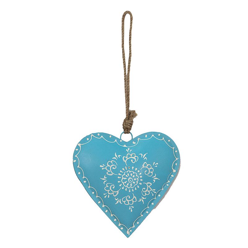 Foto van Clayre & eef decoratie hanger hart 16*1*15 cm blauw ijzer bloem woondecoratie blauw woondecoratie