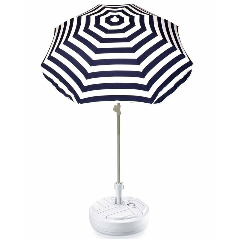 Foto van Blauw gestreepte strand/tuin basic parasol van nylon 180 cm + parasolvoet wit - parasols