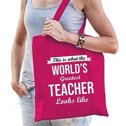 Foto van Worlds greatest teacher lerares cadeau tas roze voor dames - feest boodschappentassen