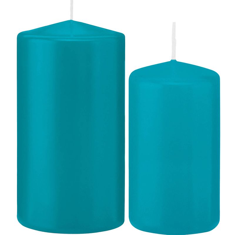 Foto van Stompkaarsen set van 4x stuks turquoise blauw 12 en 15 cm - stompkaarsen