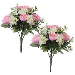 Foto van 2x roze hortensia/ranonkel hydrangea/ranunculus mix boeketten kunstbloemen 35 cm - kunstbloemen