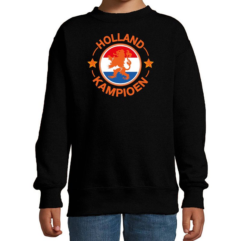 Foto van Holland kampioen met leeuw zwarte sweater / trui holland / nederland supporter ek/ wk voor kinderen 12-13 jaar (152/164)