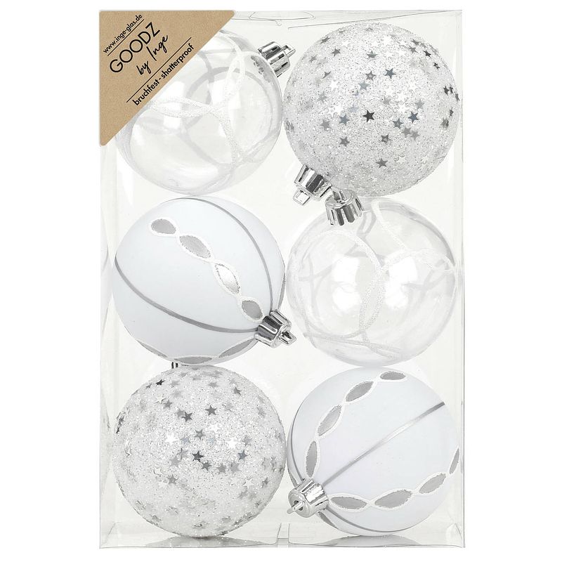 Foto van Inge christmas goodz kerstballen - 6x st- 8 cm - kunststof - zilver/wit - kerstbal