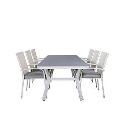 Foto van Virya tuinmeubelset tafel 100x200cm en 6 stoel anna wit, grijs.