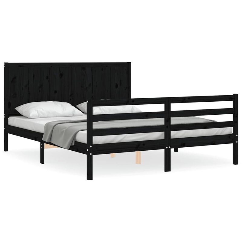 Foto van The living store bedframe massief grenenhout - zwarte - 205.5 x 165.5 x 100 cm - multiplex lattenbodem - functioneel