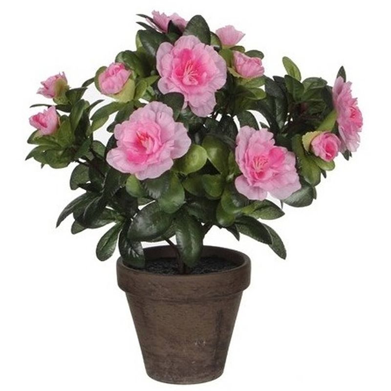 Foto van 2x groene azalea kunstplant roze bloemen 27 cm in pot stan grey - kunstplanten