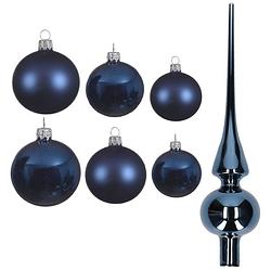 Foto van Groot pakket glazen kerstballen 50x donkerblauw glans/mat 4-6-8 cm met piek glans - kerstbal