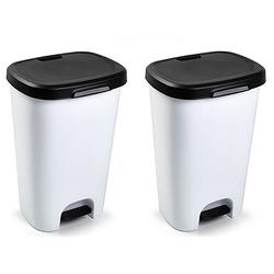 Foto van 2x stuks witte afvalemmers/vuilnisemmers 50 liter met zwarte deksel en pedaal - prullenbakken