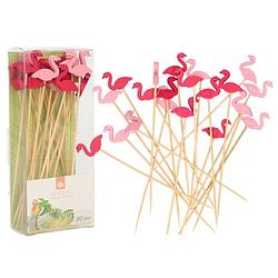 Foto van Excellent houseware cocktail/tapas prikkers - flamingos - 60x stuks - bamboo - 12 cm - cocktailprikkers