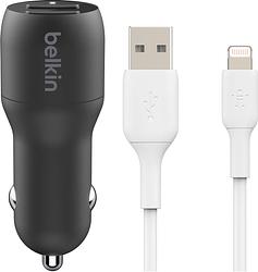 Foto van Belkin autolader met 2 usb poorten 12w zwart + bluebuilt lightning kabel 1,5m nylon wit