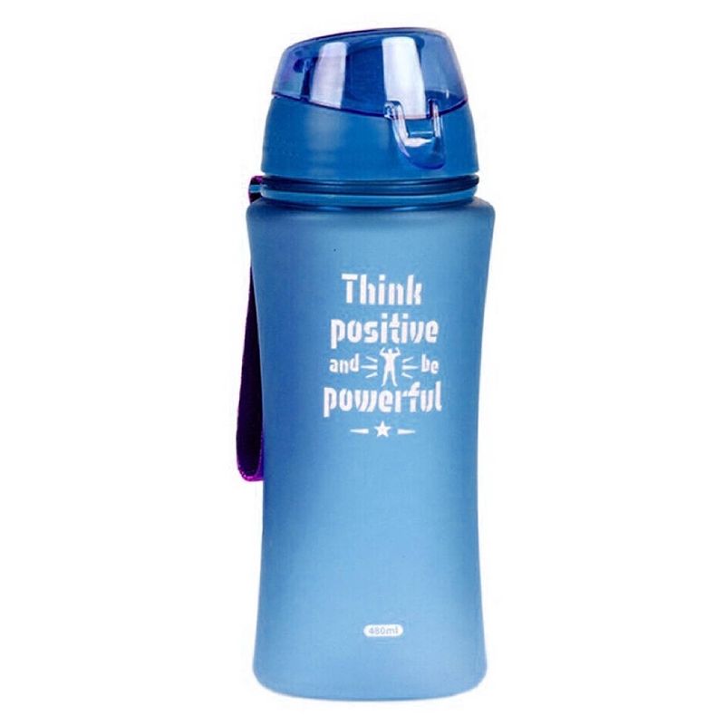 Foto van Sport bidon drinkfles/waterfles think positive print blauw 480 ml - drinkflessen